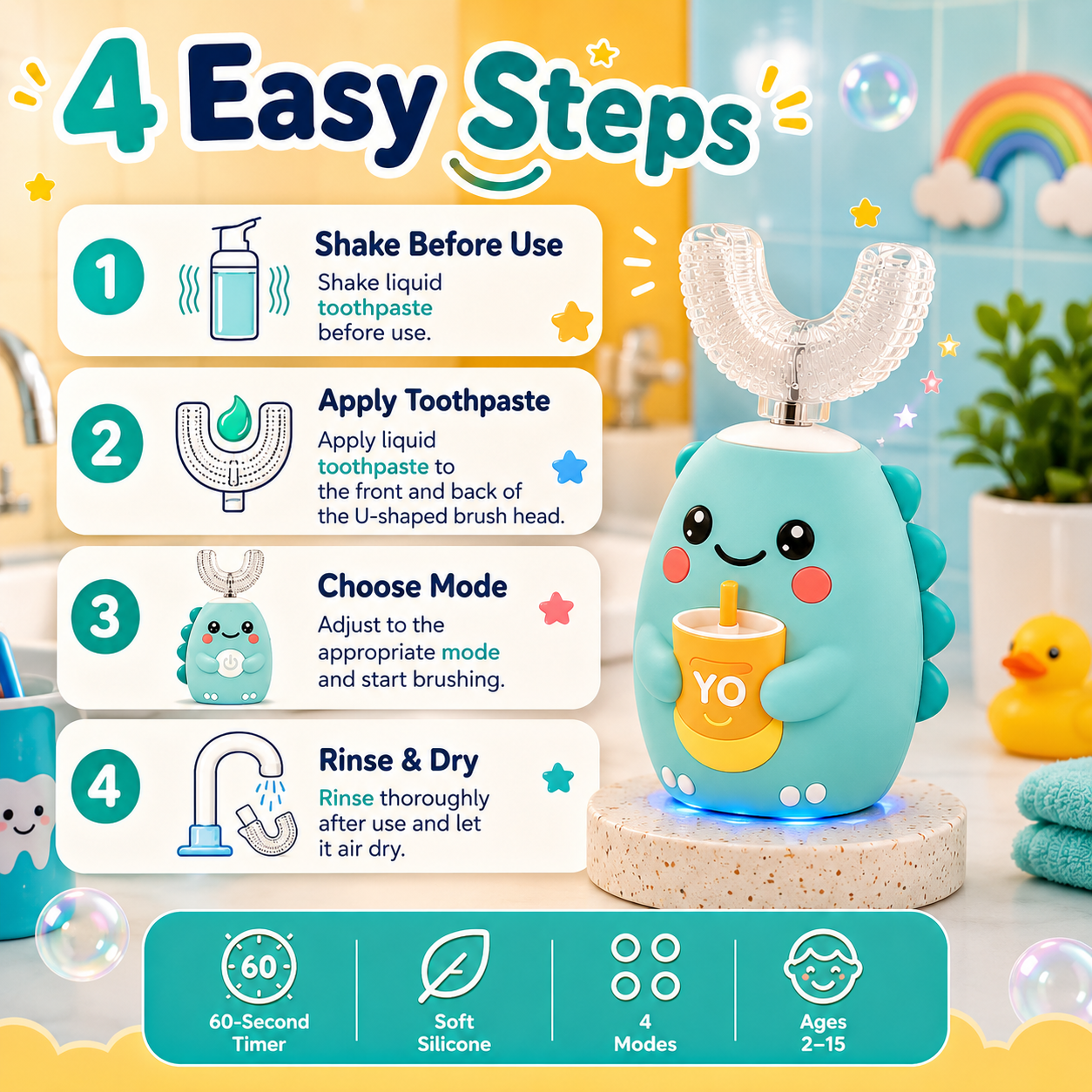 Illustrated four-step guide to using the BrushBuddy kids toothbrush