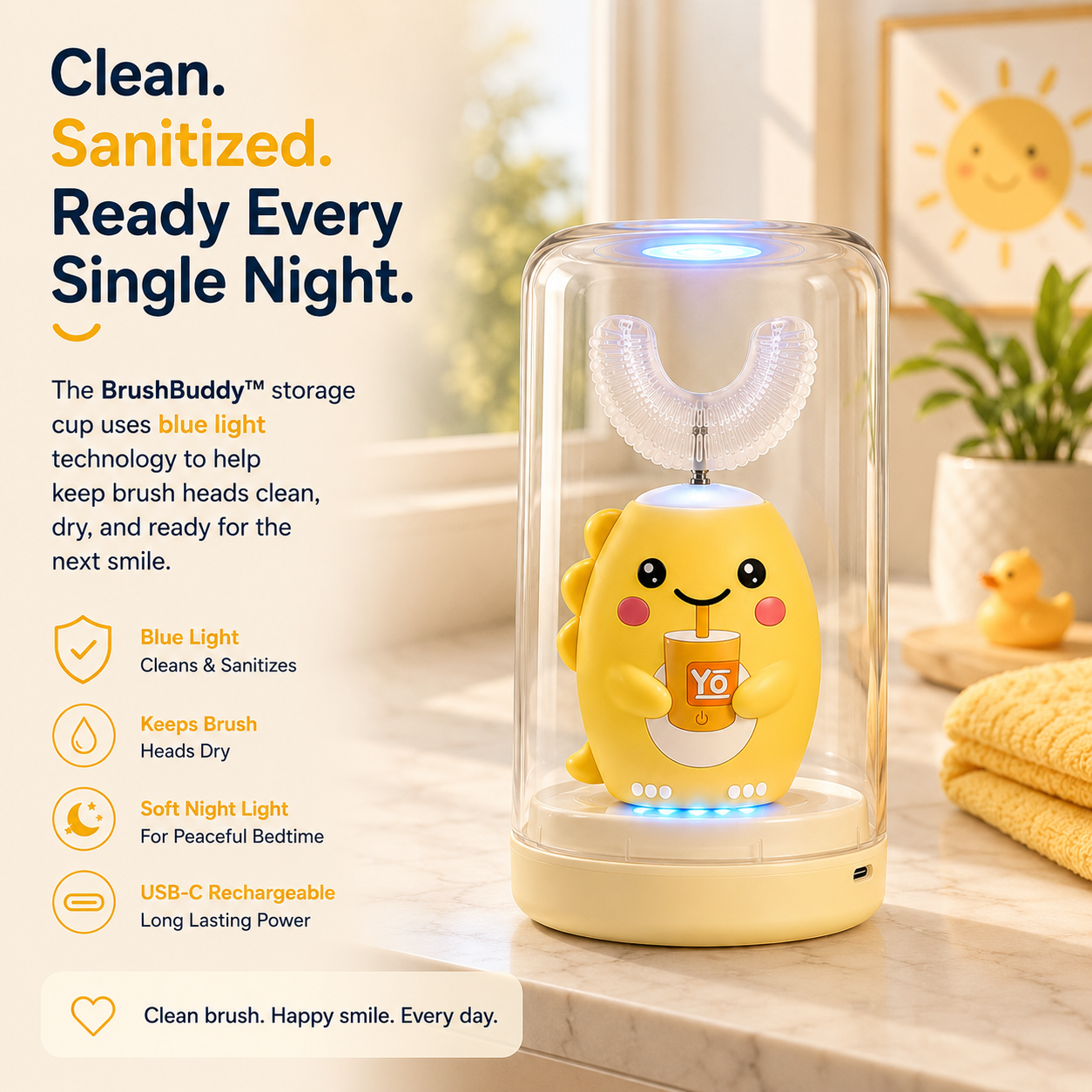 BrushBuddy stored inside the included blue-light storage cup
