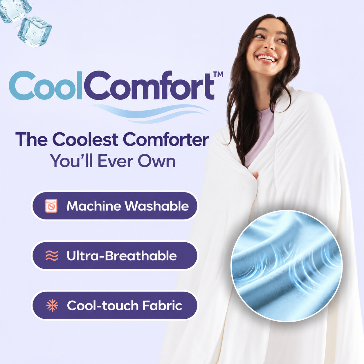 CoolComfort cooling comforter wrapped around a smiling sleeper