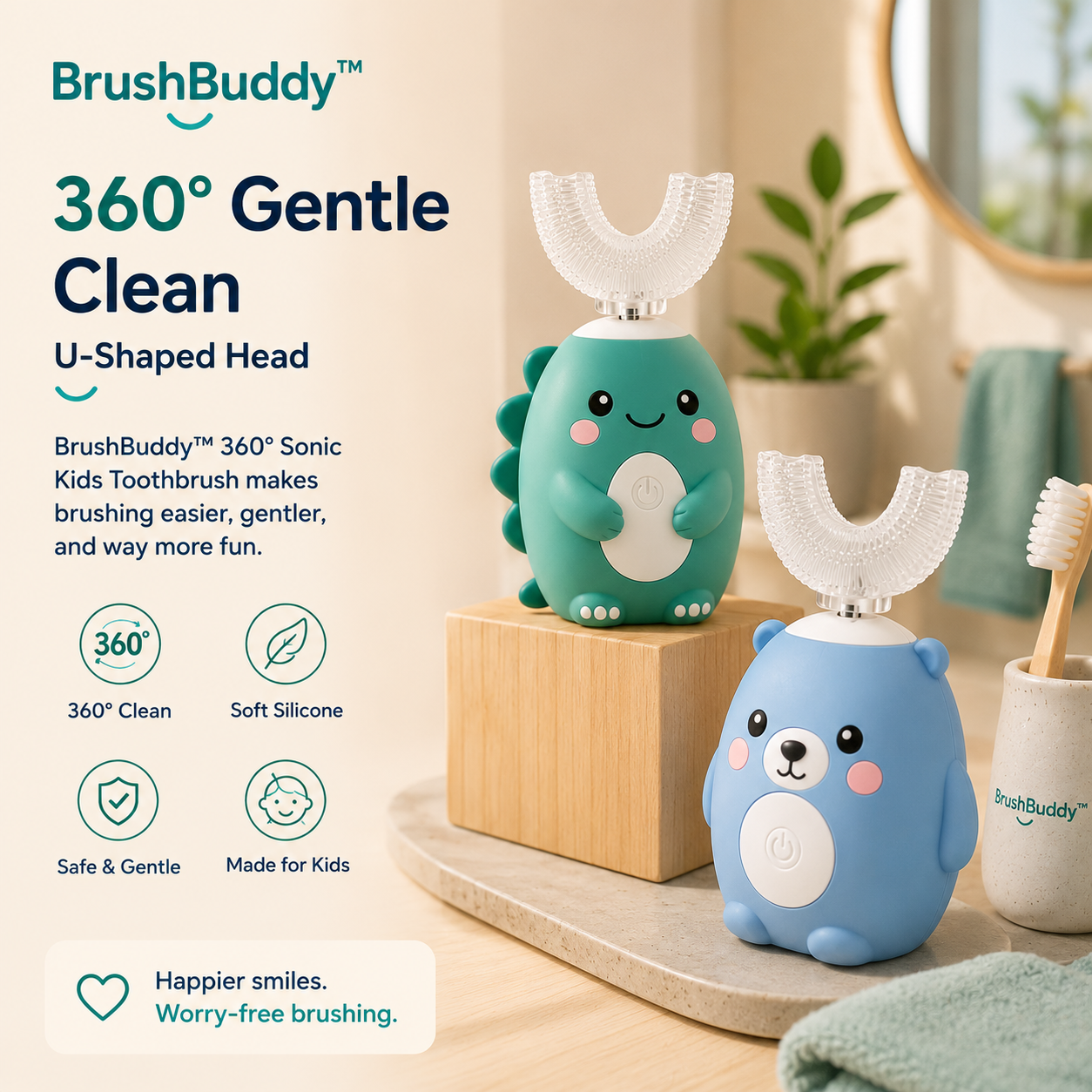 The 360° U-shaped head with 45° side bristles and 90° bottom bristles