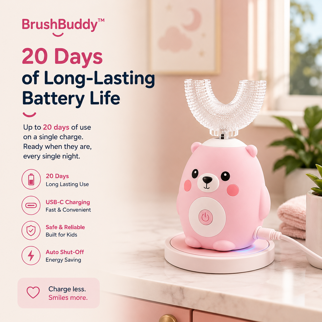 BrushBuddy charging on a bedside table, showing long battery life and USB-C charging