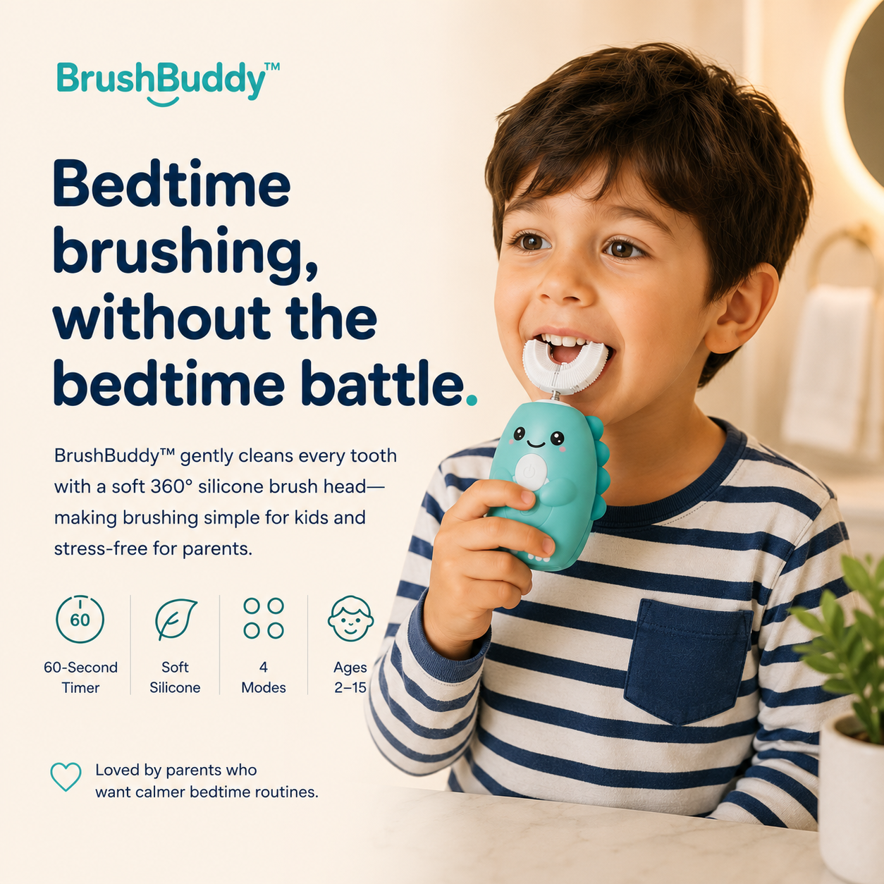 A happy child brushing with the BrushBuddy 360° sonic kids toothbrush